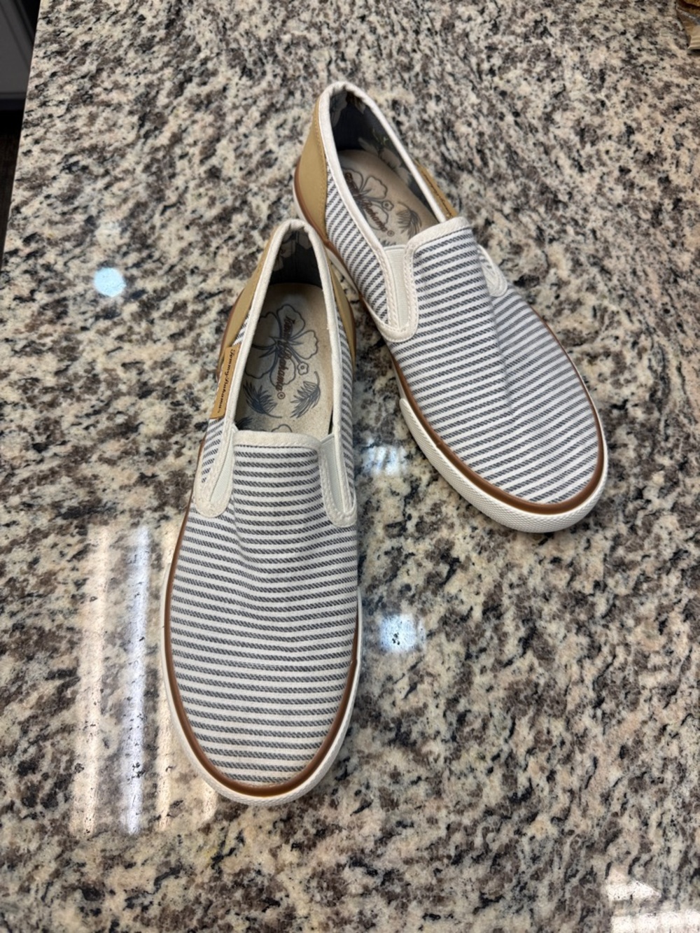 Tommy Bahama Striped Slip-On Loafers in White and Gray with Tan Trim